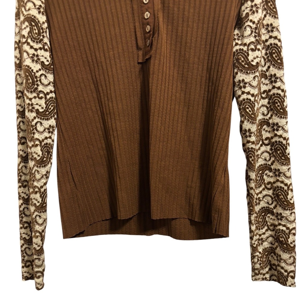 Oli & Hali Henley Top Brown Paisley Lace Sleeve Boho Western Ribbed Romantic XL - Picture 8 of 10